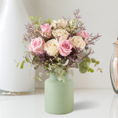 Roses and Eucalyptus in Vase